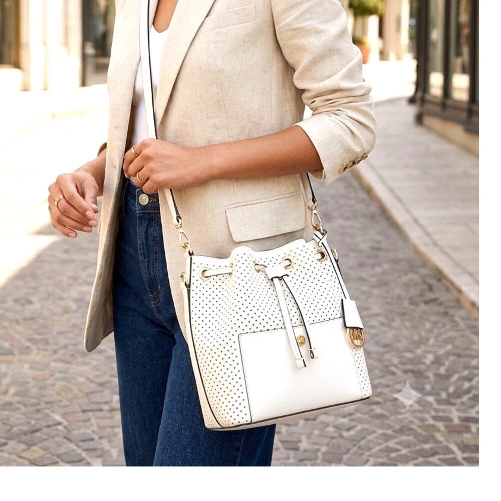 Michael Michael Kors Greenwich perforated Saffiano leather bucket bag white